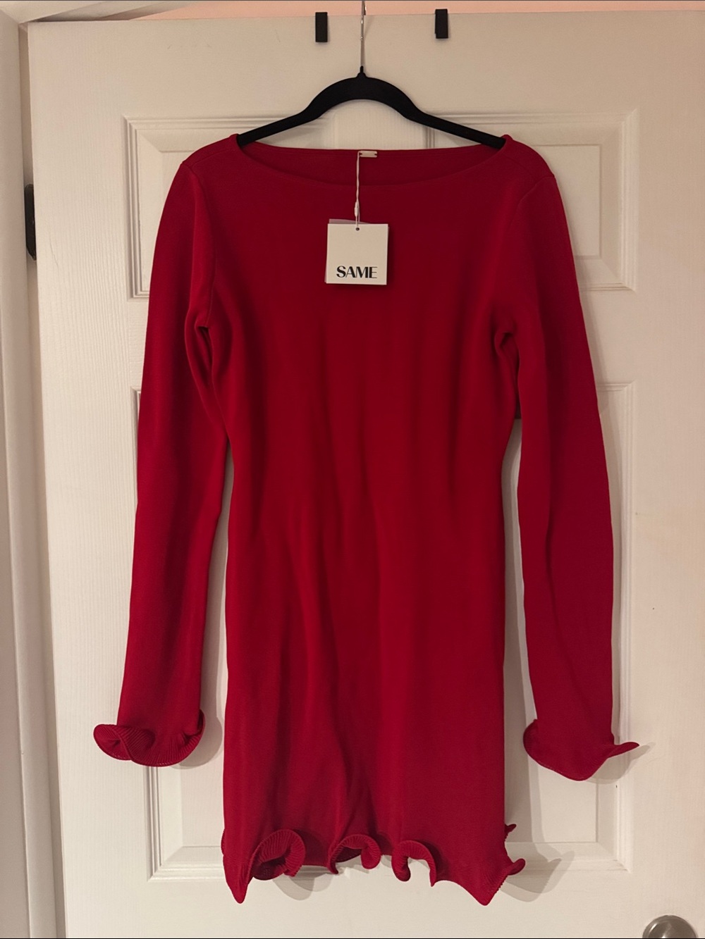 SAME Red Long-Sleeve Ruffle-Hem mini dress